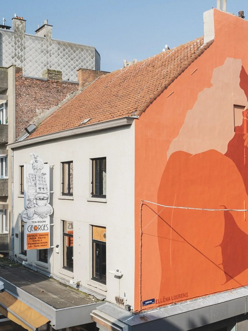 Et af Elléna Lourens' tidligere gavlmalerier i Belgien. Den sydafrikanske kunstner er kendt for sit poetiske formsprog, organiske linjer og varme jordfarver, som nu også kommer til Esbjerg. Pressefoto.