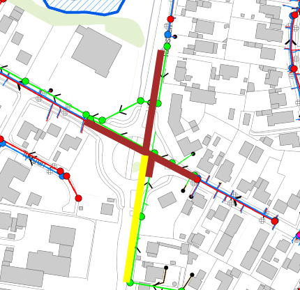 Gravearbejder er de rødbrune strækninger - styrbar underboring er gul strækning.