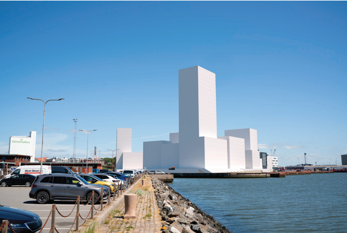 En visualisering af højhuset og øvrige bygninger set fra molen bag Fanøfærgeriet. Illustration: CF Architects.