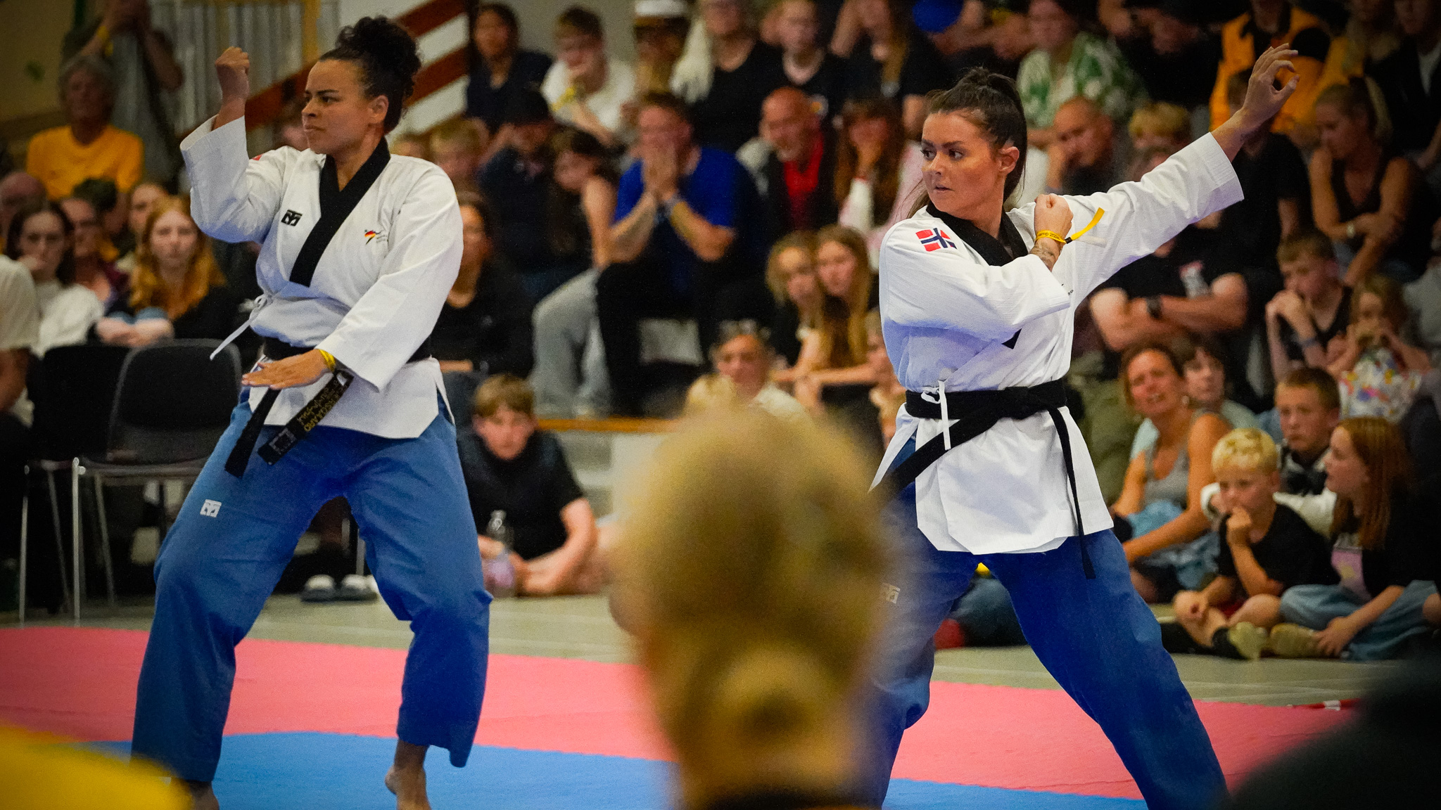 Den norske mester Kine Solvang dystede mod danske Michelle Sejersgaard i en såkaldt poomsae-battle. Foto: Fjodor Pedersen.