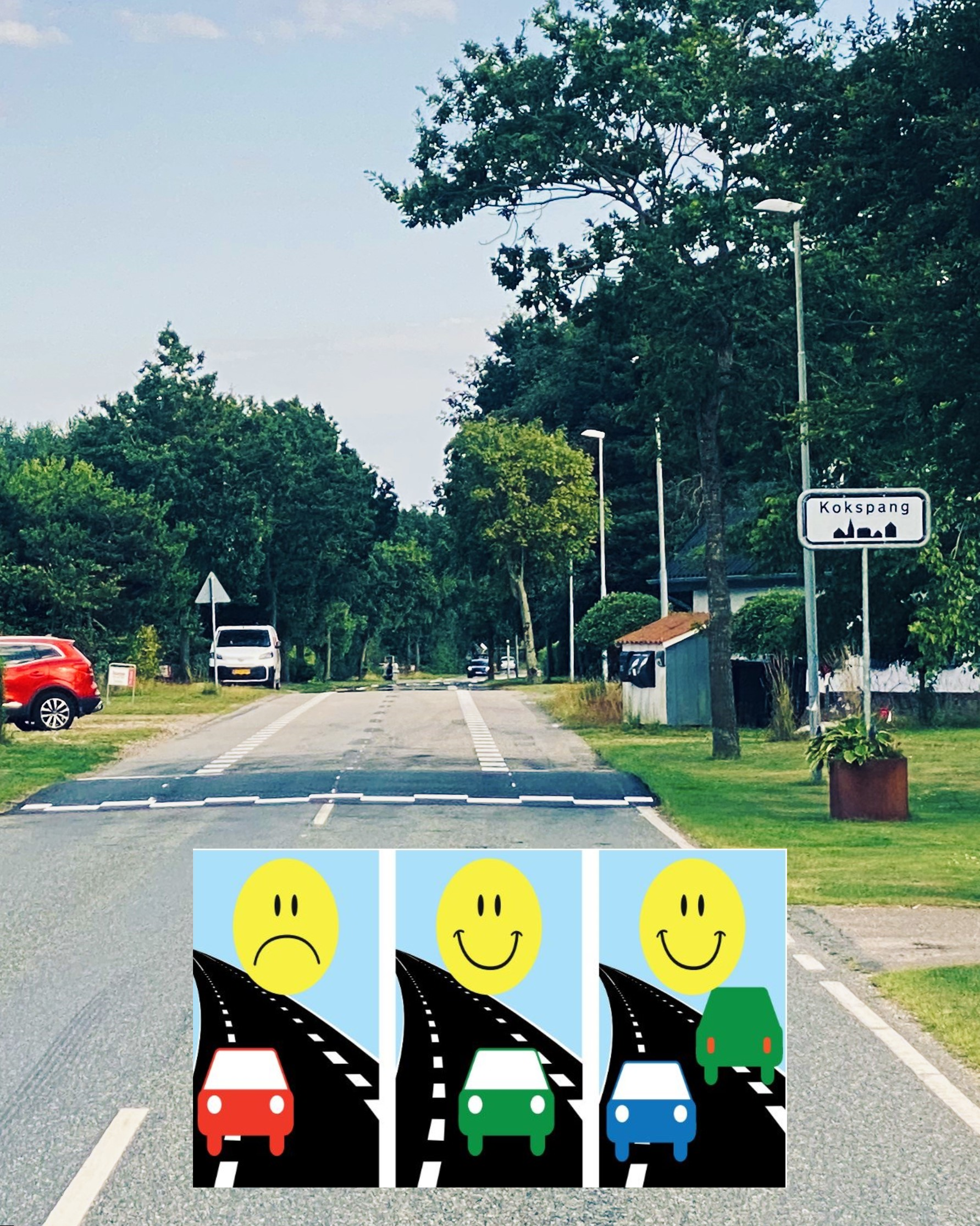En ny 2-minus-1-vej og to vejbump har ændret trafikken gennem Kokspang. Nu håber beboerne, at næste etape bliver strækningen mod Sjelborg. Collage: Johnny Tauman.
