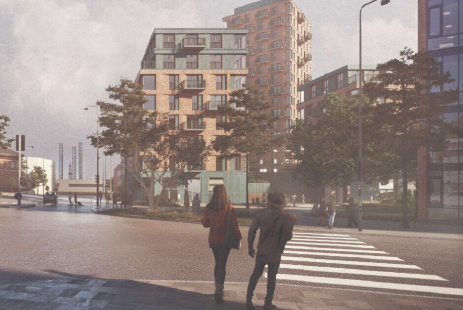 I planen er et nyt såkaldt "multifunktionshus" indtænkt med butikker i stueetagen. Illustration: Esbjerg Kommune.